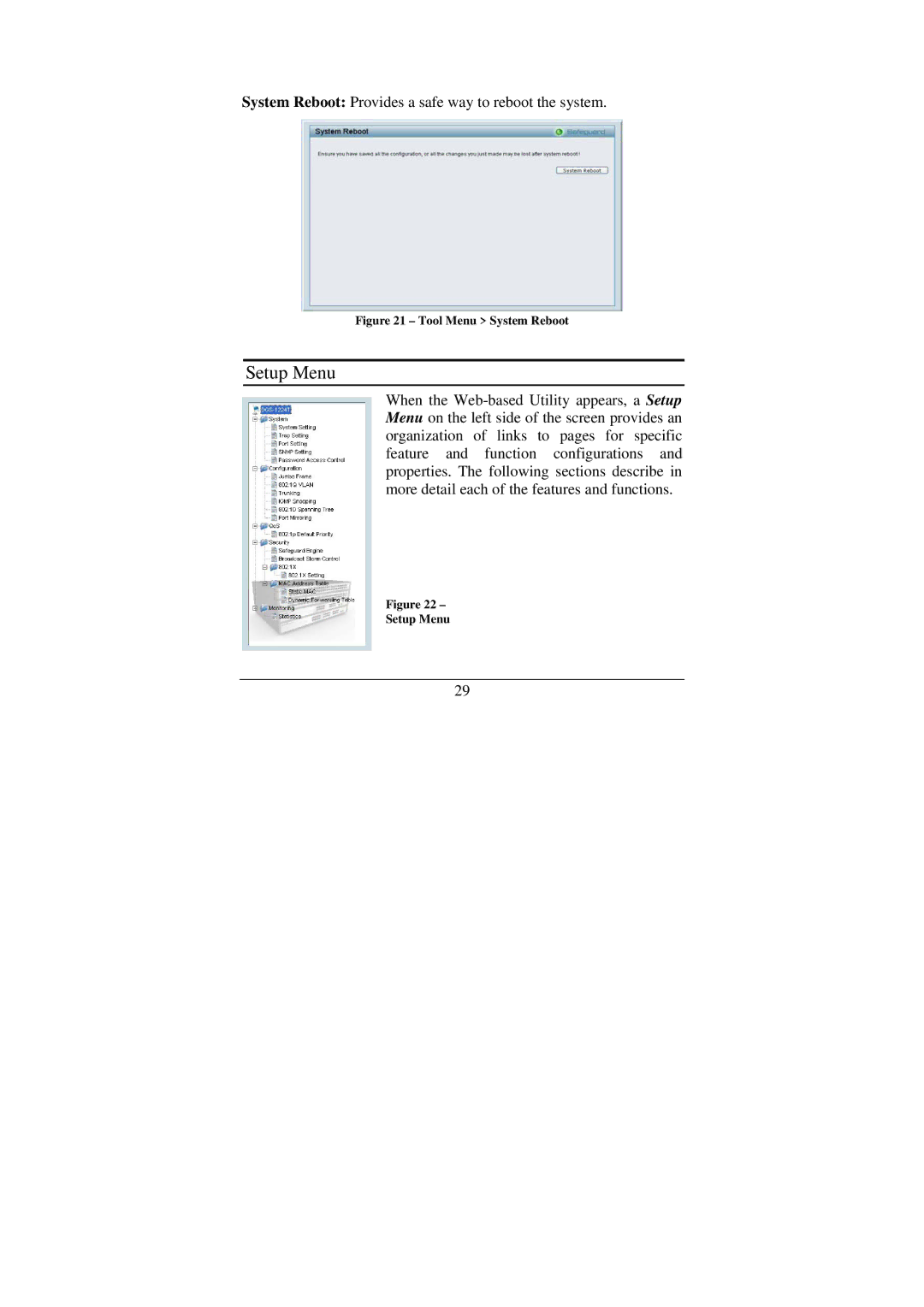 Cisco Systems DGS-1224T manual Setup Menu, Tool Menu System Reboot 