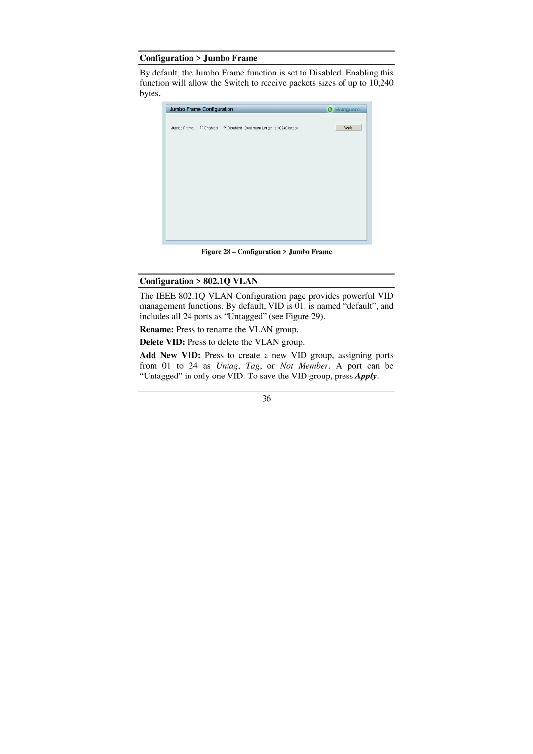 Cisco Systems DGS-1224T manual Configuration Jumbo Frame, Configuration 802.1Q Vlan 