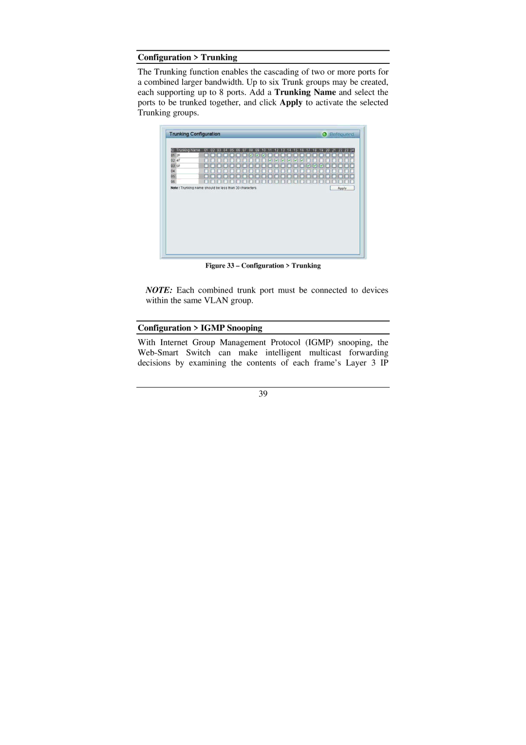 Cisco Systems DGS-1224T manual Configuration Trunking, Configuration Igmp Snooping 