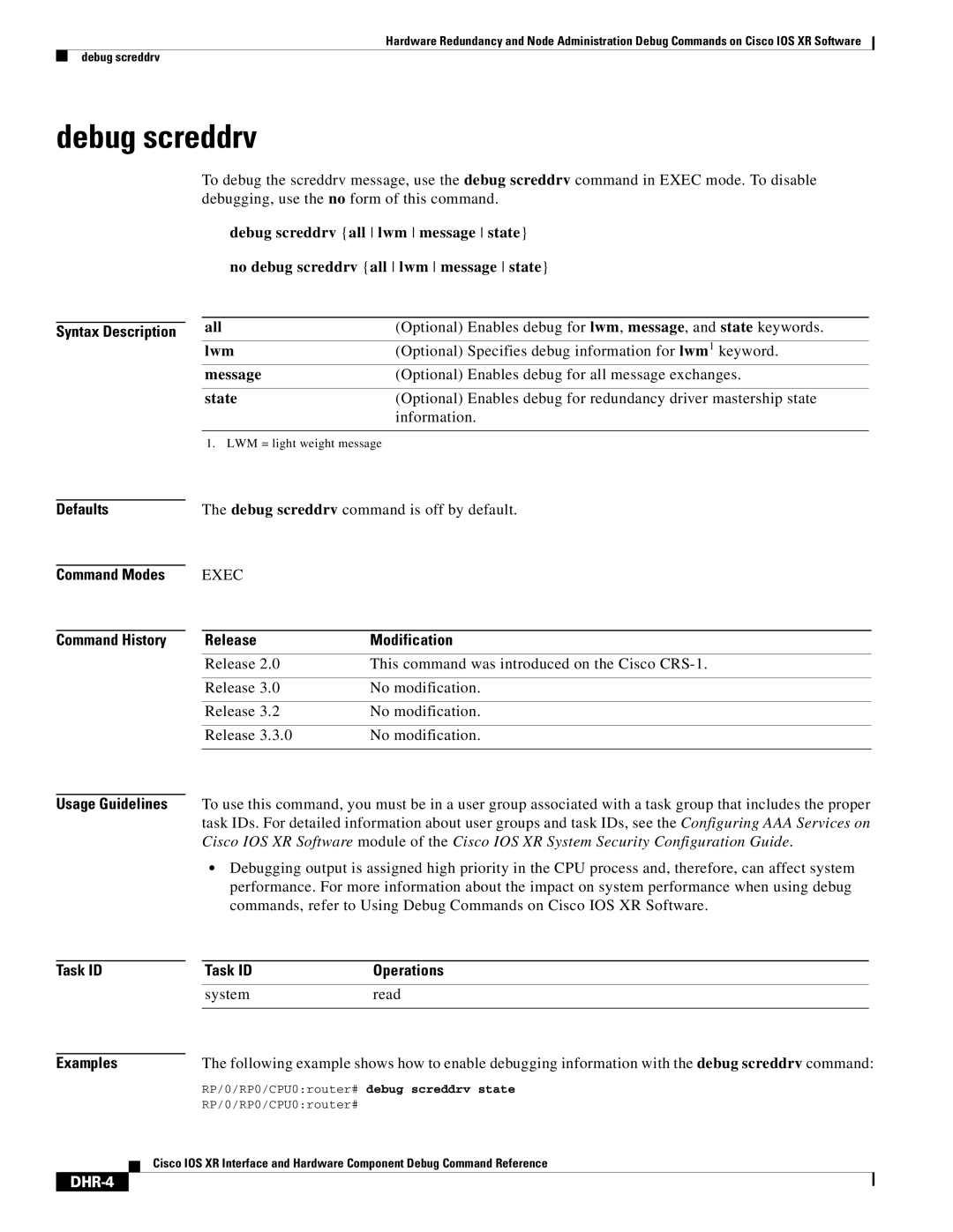 Cisco Systems DHR-1 manual Debug screddrv, DHR-4 