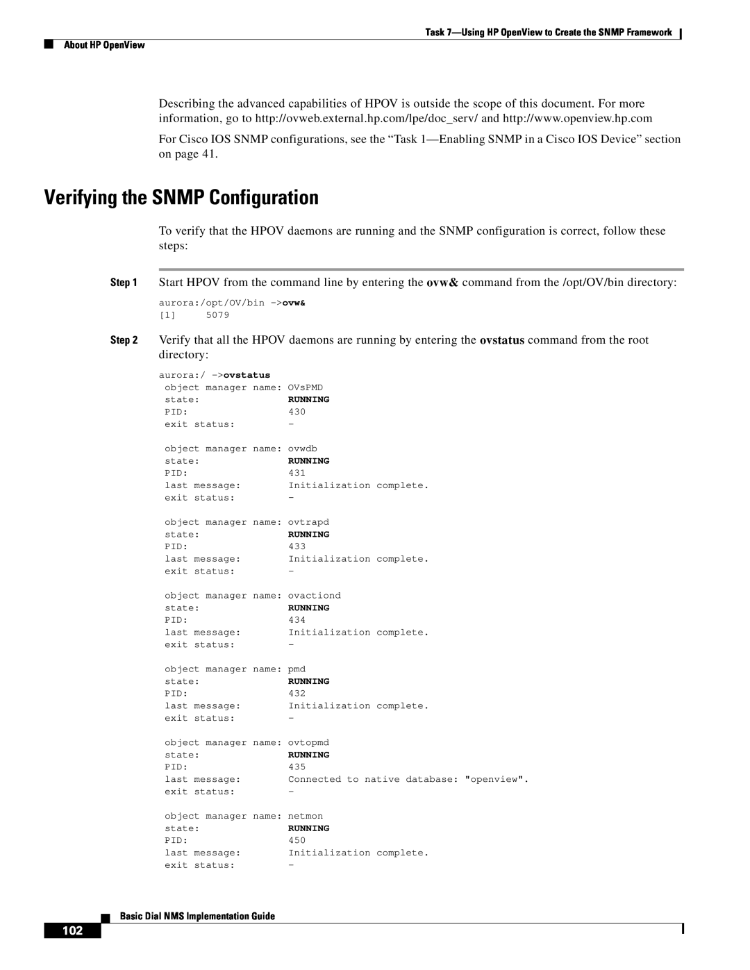 Cisco Systems Dial NMS manual Verifying the SNMP Configuration, Connected to native database openview 