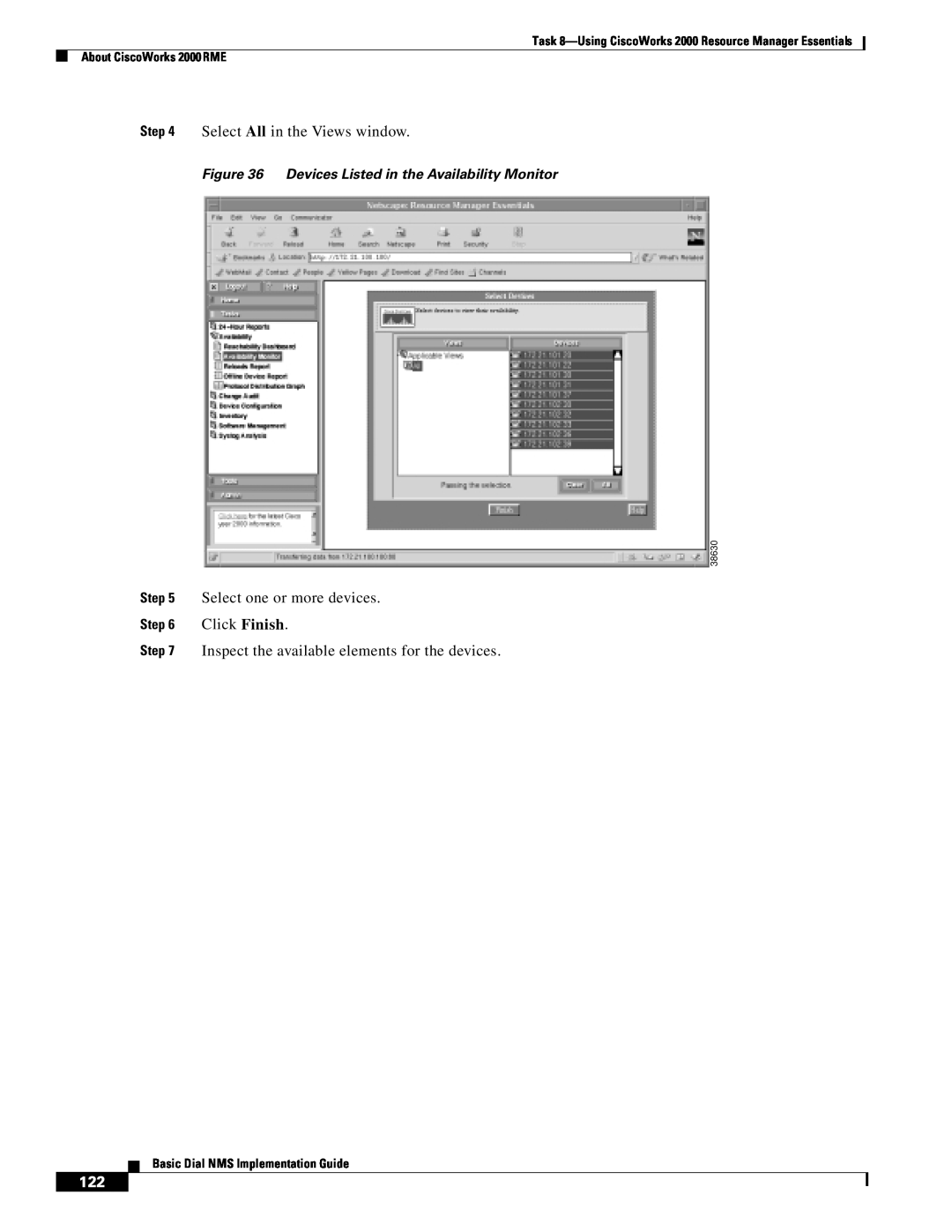 Cisco Systems Dial NMS manual Devices Listed in the Availability Monitor, Click Finish, About CiscoWorks 2000 RME, 38630 