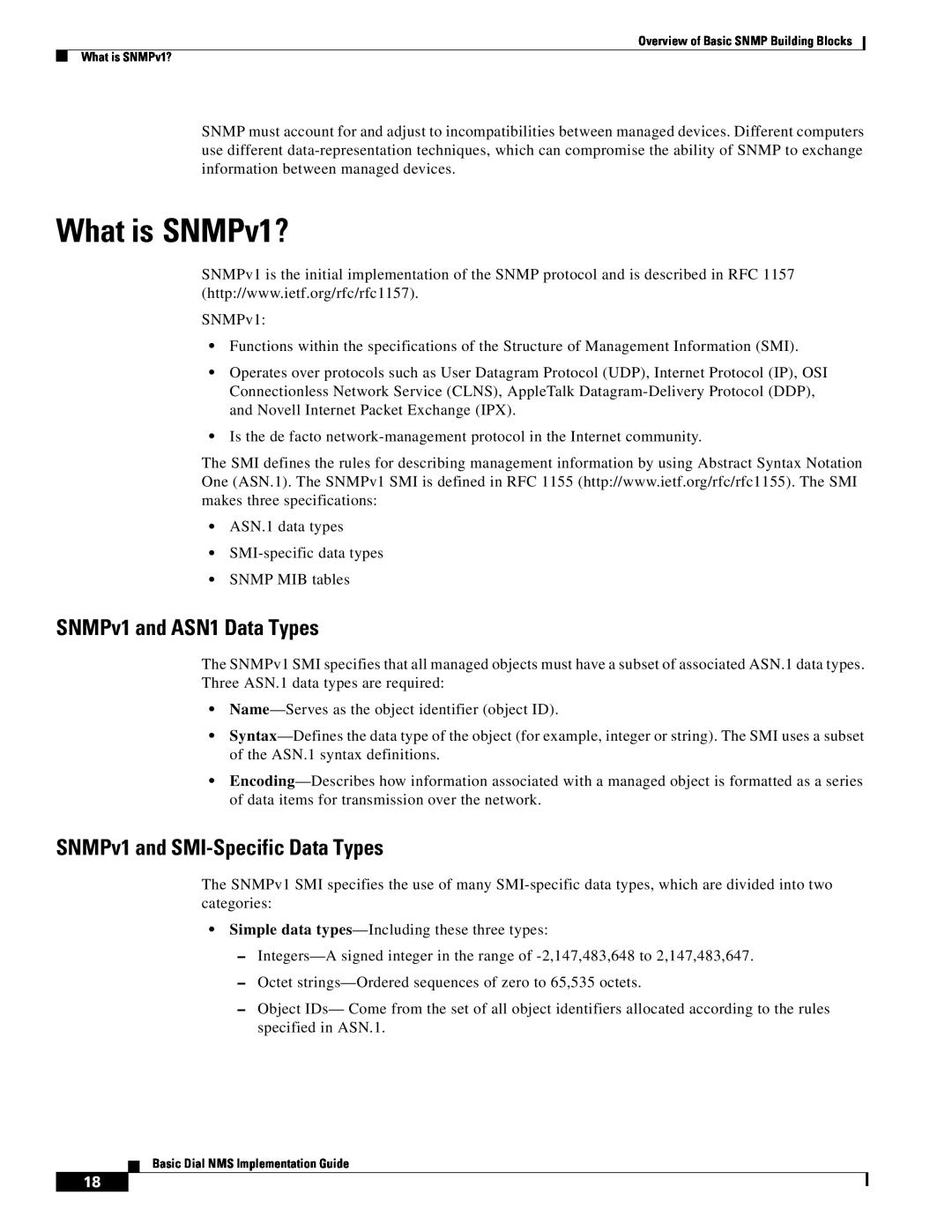 Cisco Systems Dial NMS manual What is SNMPv1?, SNMPv1 and ASN1 Data Types, SNMPv1 and SMI-Specific Data Types 