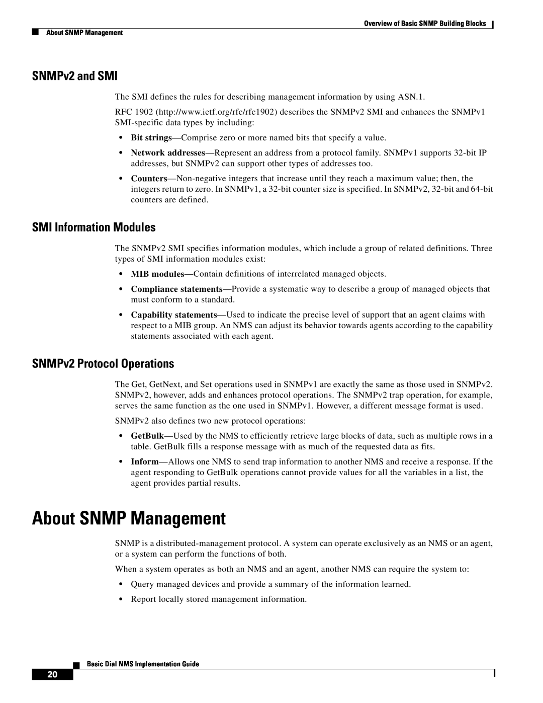 Cisco Systems Dial NMS manual About SNMP Management, SNMPv2 and SMI, SMI Information Modules, SNMPv2 Protocol Operations 