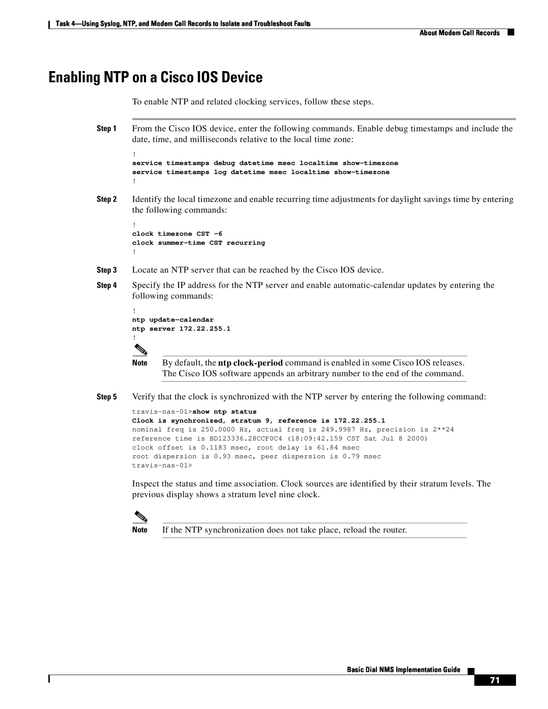 Cisco Systems Dial NMS manual Enabling NTP on a Cisco IOS Device 