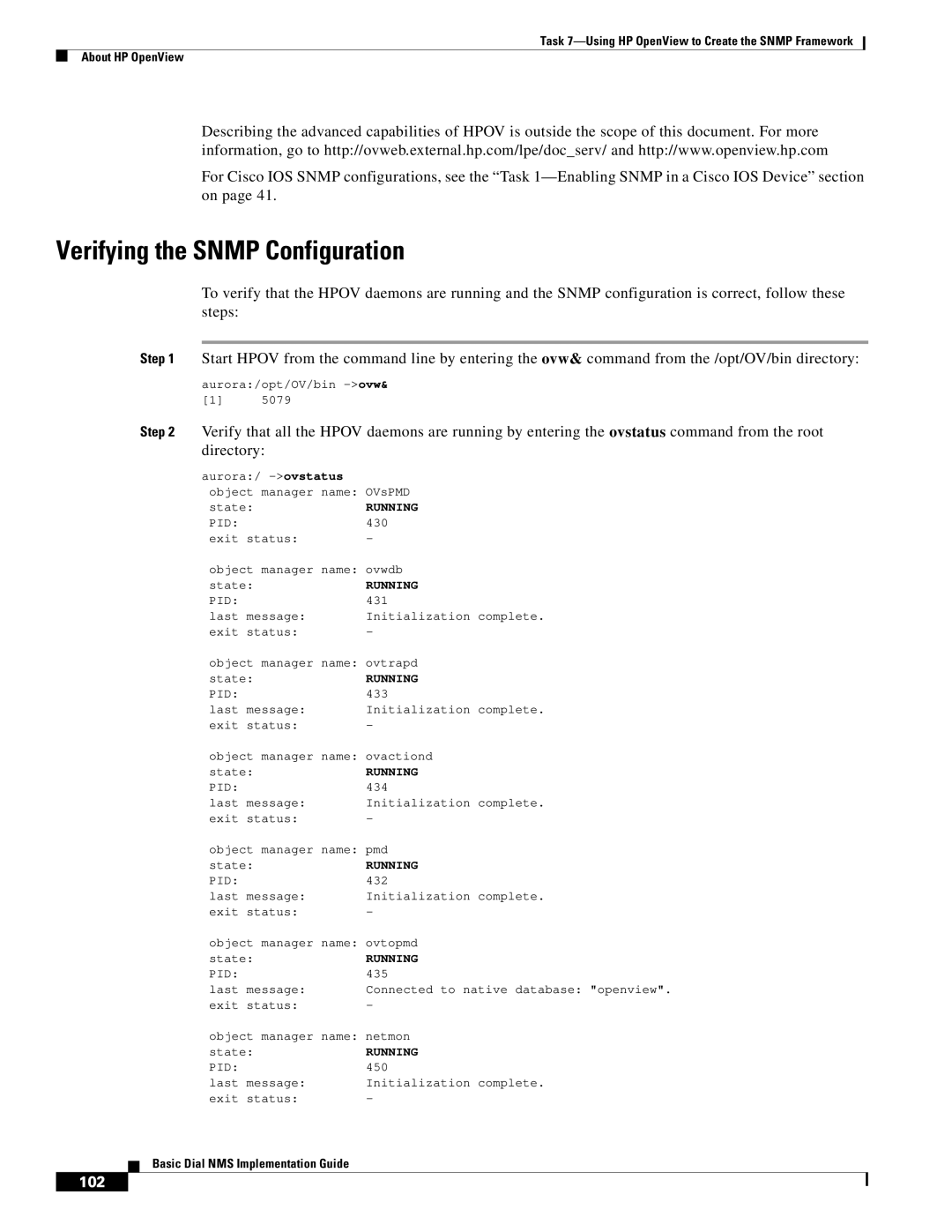 Cisco Systems Dial NMS manual Verifying the Snmp Configuration, Last message Initialization complete Exit status 