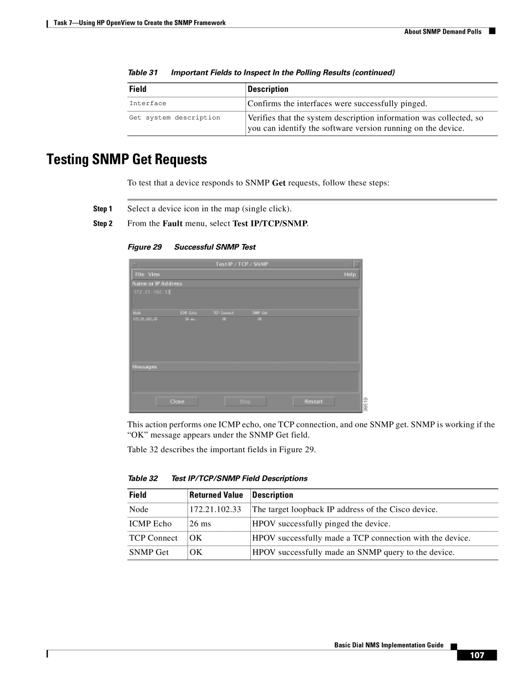 Cisco Systems Dial NMS manual Testing Snmp Get Requests, Confirms the interfaces were successfully pinged 