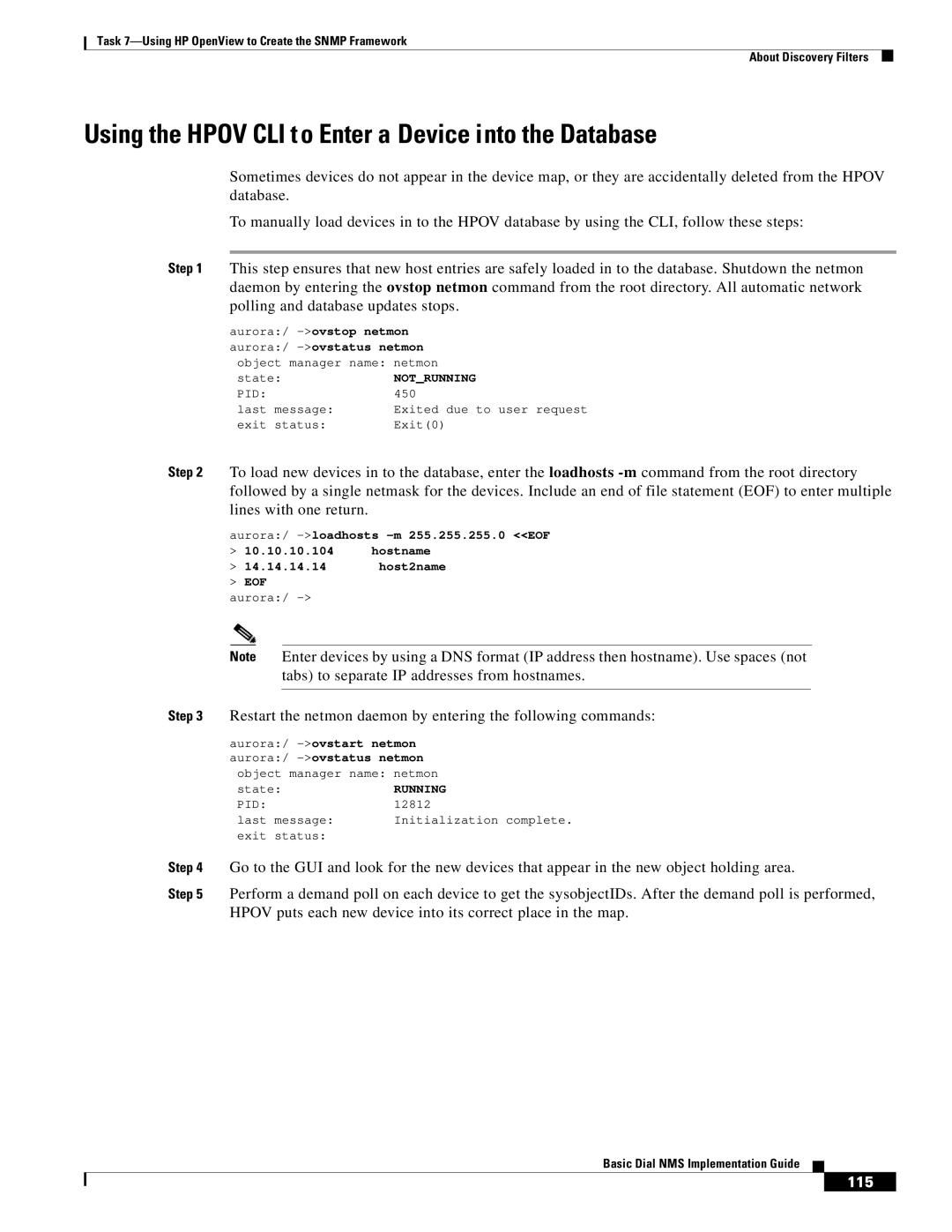 Cisco Systems Dial NMS manual Using the Hpov CLI to Enter a Device into the Database 