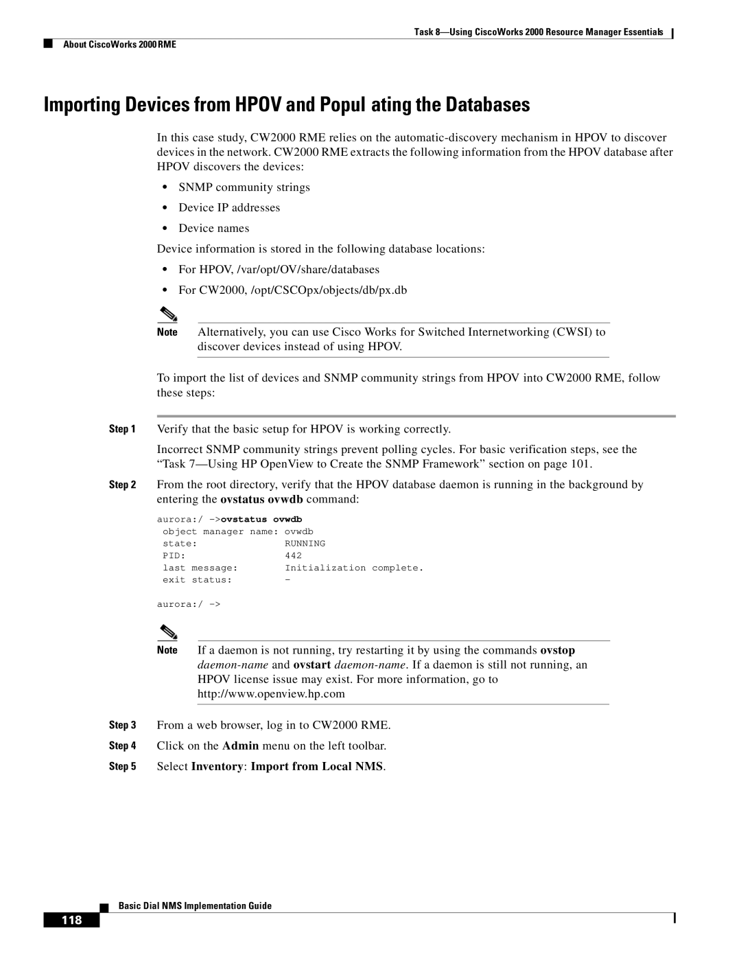 Cisco Systems Dial NMS Importing Devices from Hpov and Popul ating the Databases, Select Inventory Import from Local NMS 