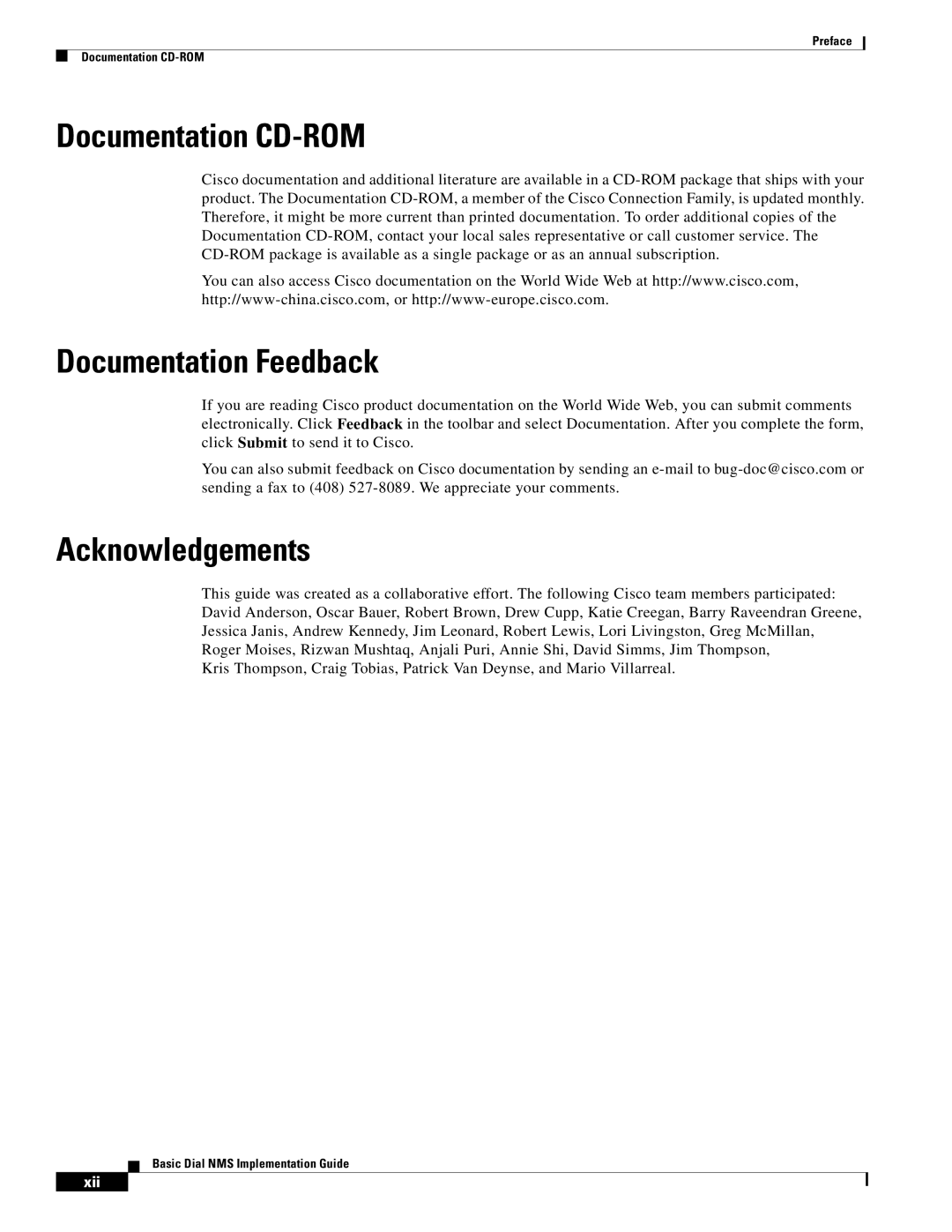 Cisco Systems Dial NMS manual Documentation CD-ROM, Documentation Feedback, Acknowledgements 