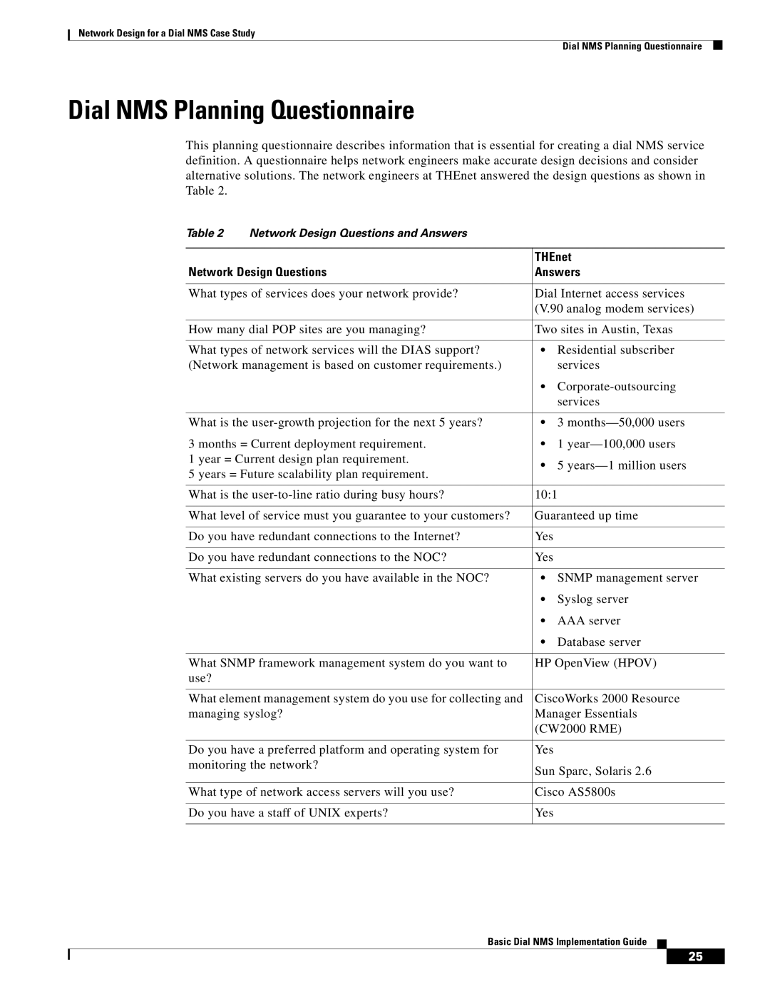 Cisco Systems manual Dial NMS Planning Questionnaire, THEnet, Network Design Questions Answers 