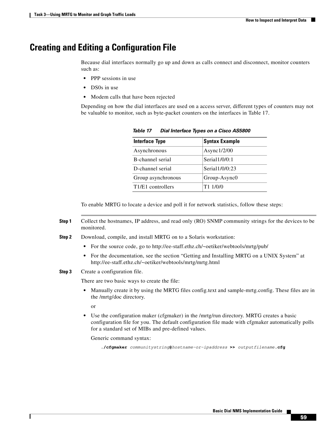 Cisco Systems Dial NMS manual Creating and Editing a Configuration File, Interface Type Syntax Example 