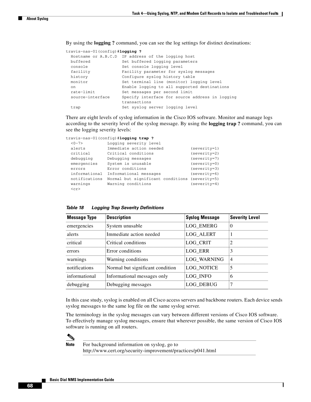 Cisco Systems Dial NMS manual Message Type Description Syslog Message Severity Level 