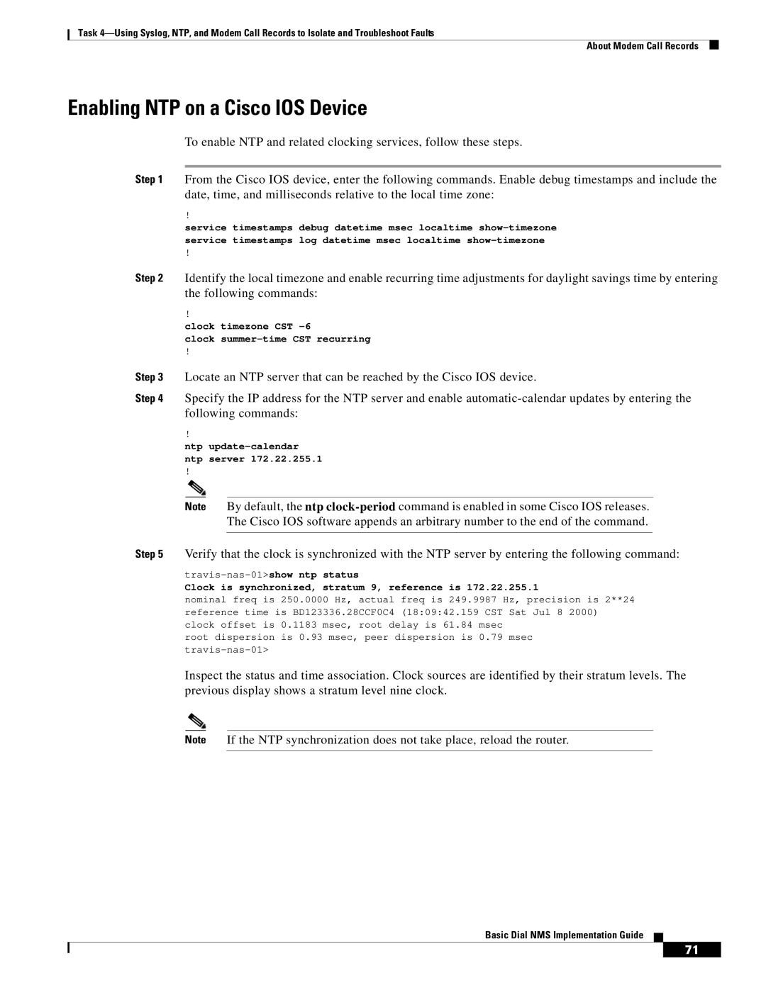 Cisco Systems Dial NMS manual Enabling NTP on a Cisco IOS Device 