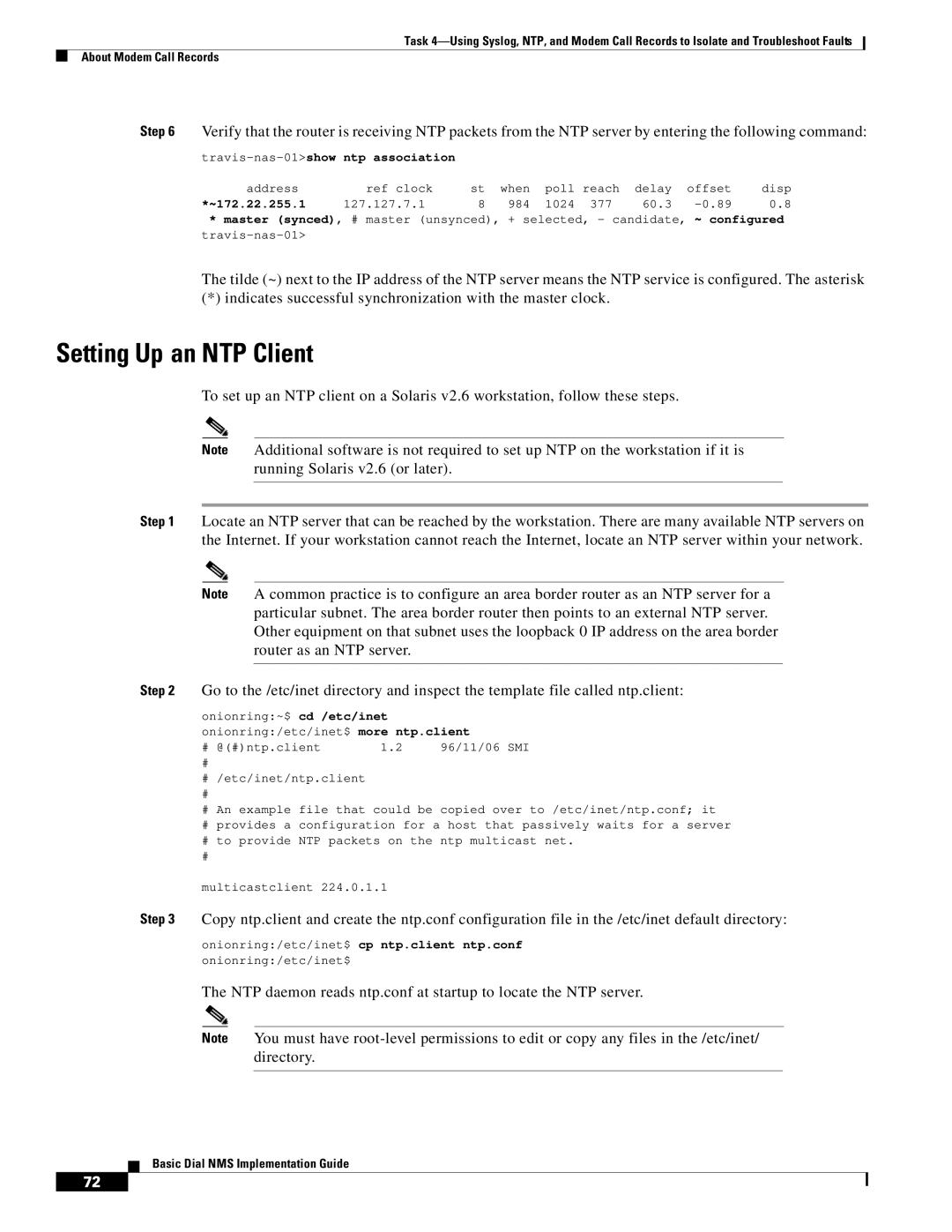 Cisco Systems Dial NMS manual Setting Up an NTP Client, Travis-nas-01show ntp association 