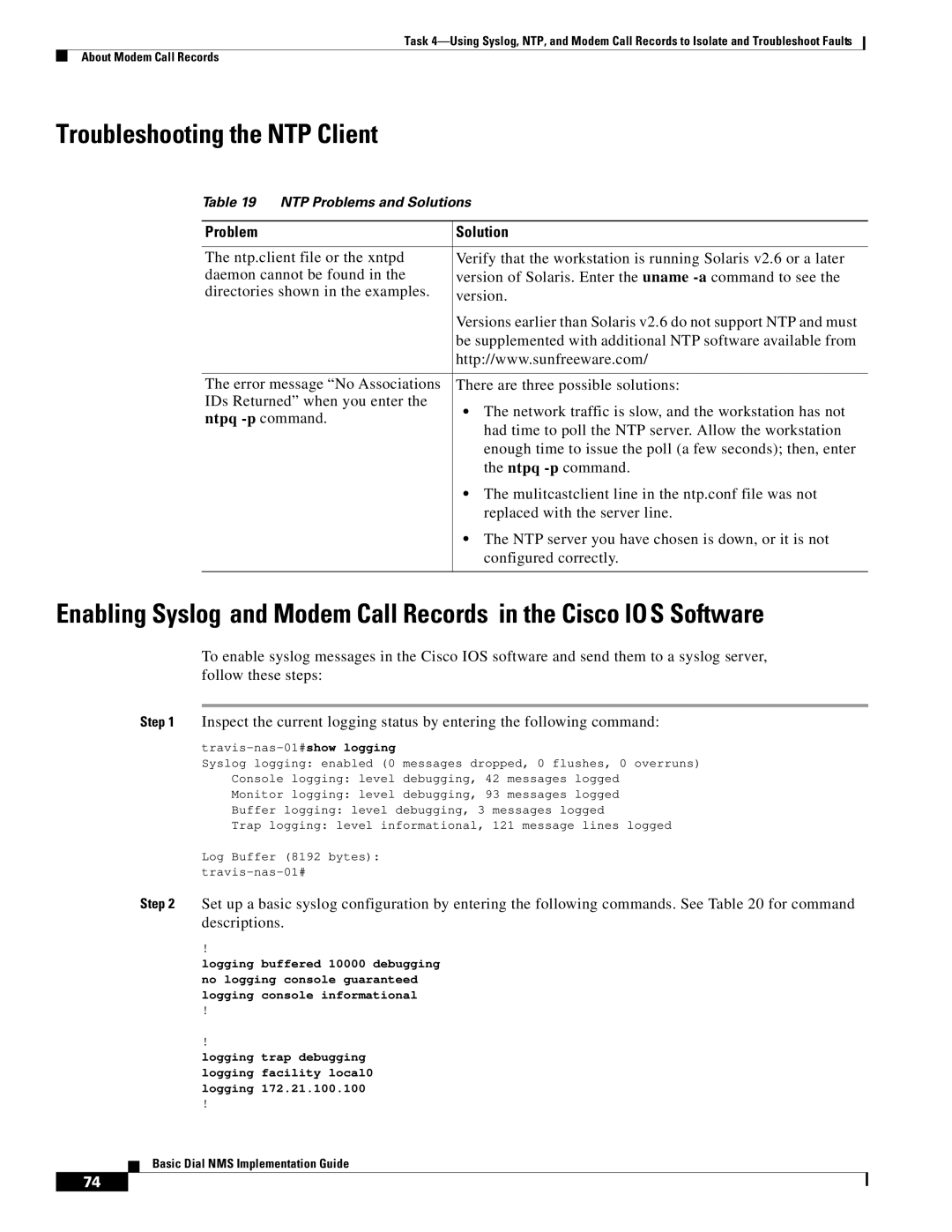 Cisco Systems Dial NMS manual Troubleshooting the NTP Client, Problem Solution, Ntpq -p command 