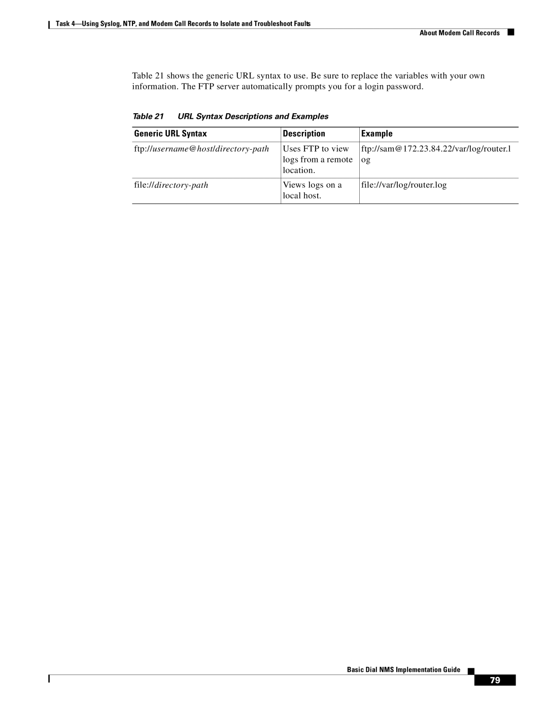 Cisco Systems Dial NMS manual Generic URL Syntax Description Example, Views logs on a File//var/log/router.log Local host 