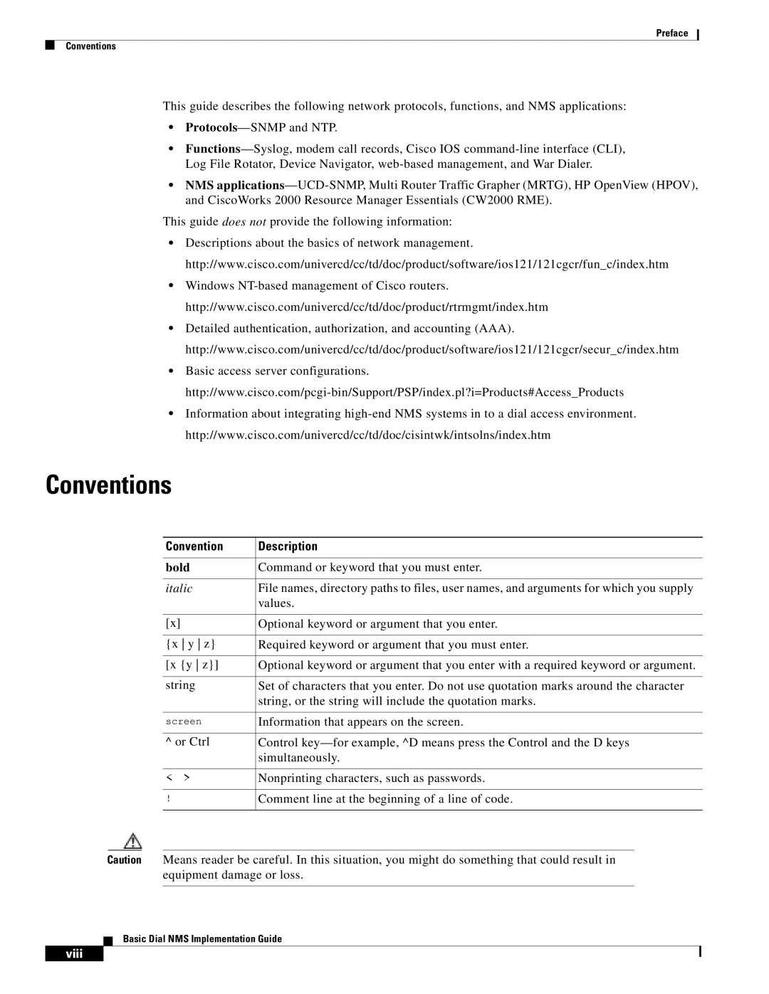 Cisco Systems Dial NMS manual Conventions, Convention Description, Bold 