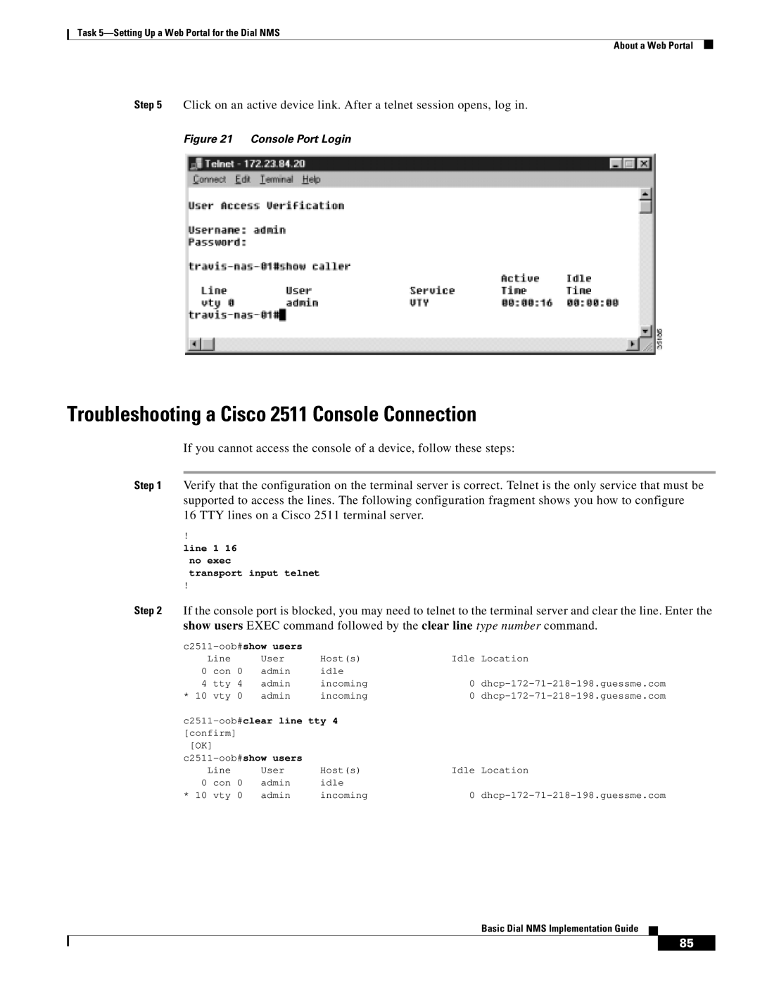 Cisco Systems Dial NMS manual Troubleshooting a Cisco 2511 Console Connection, C2511-oob#clear line tty 