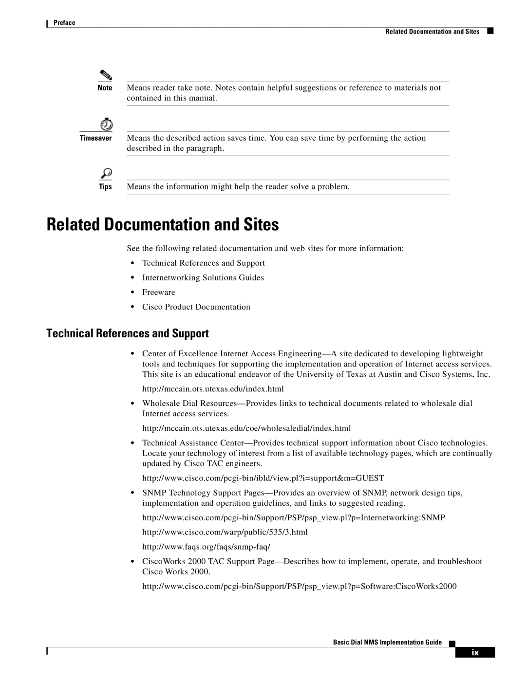 Cisco Systems Dial NMS manual Related Documentation and Sites, Technical References and Support 