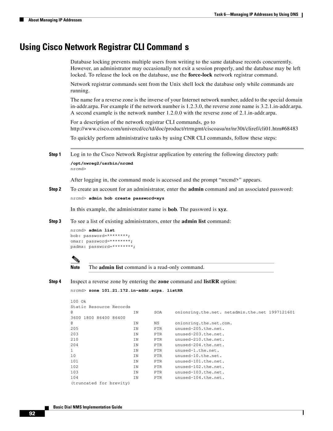 Cisco Systems Dial NMS manual Using Cisco Network Registrar CLI Command s, Nrcmd zone 101.21.172.in-addr.arpa. listRR 