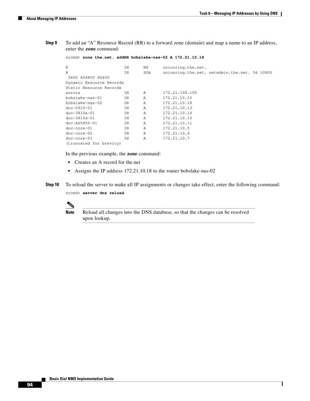 Cisco Systems Dial NMS manual Nrcmd zone the.net. addRR bobslake-nas-02 a 