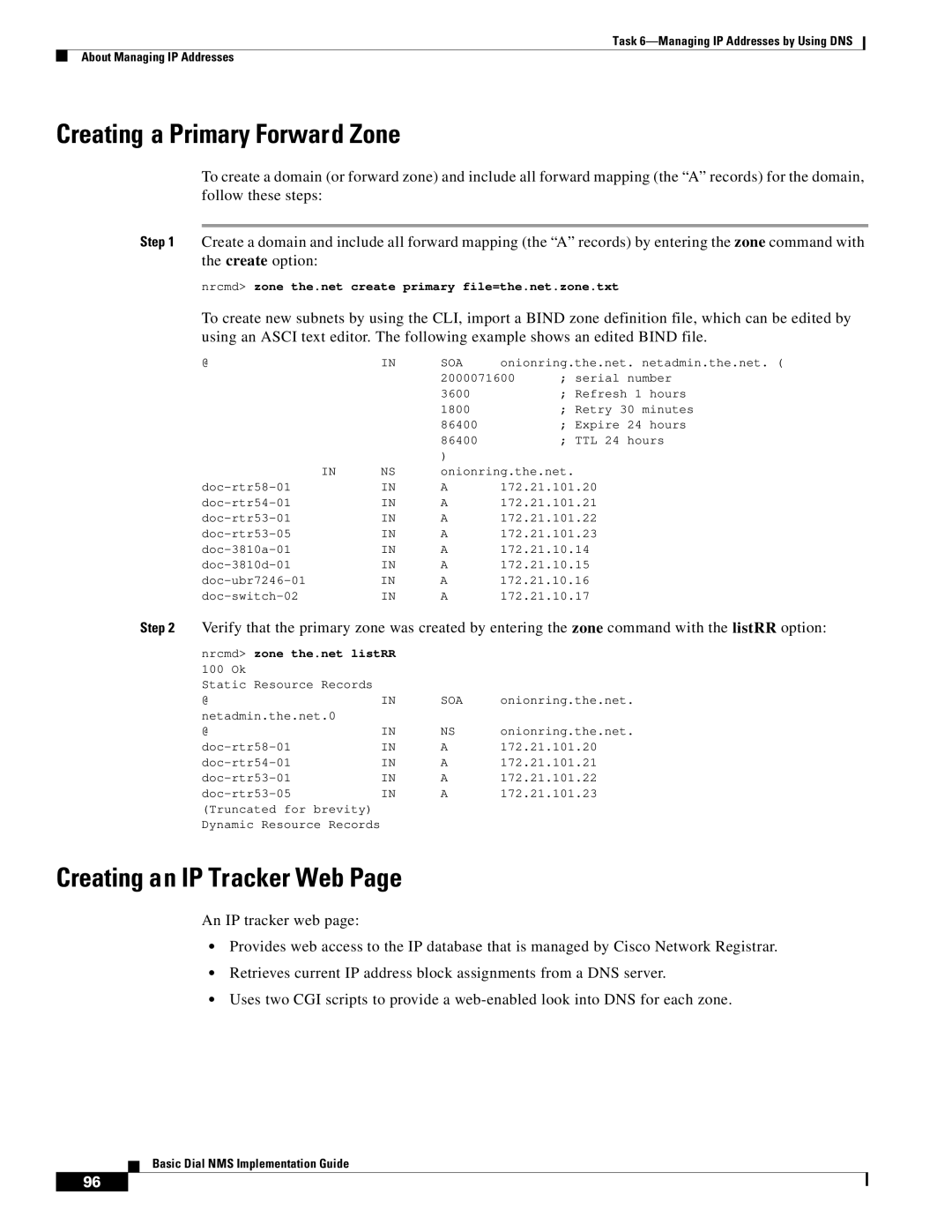 Cisco Systems Dial NMS manual Creating a Primary Forward Zone, Creating an IP Tracker Web 