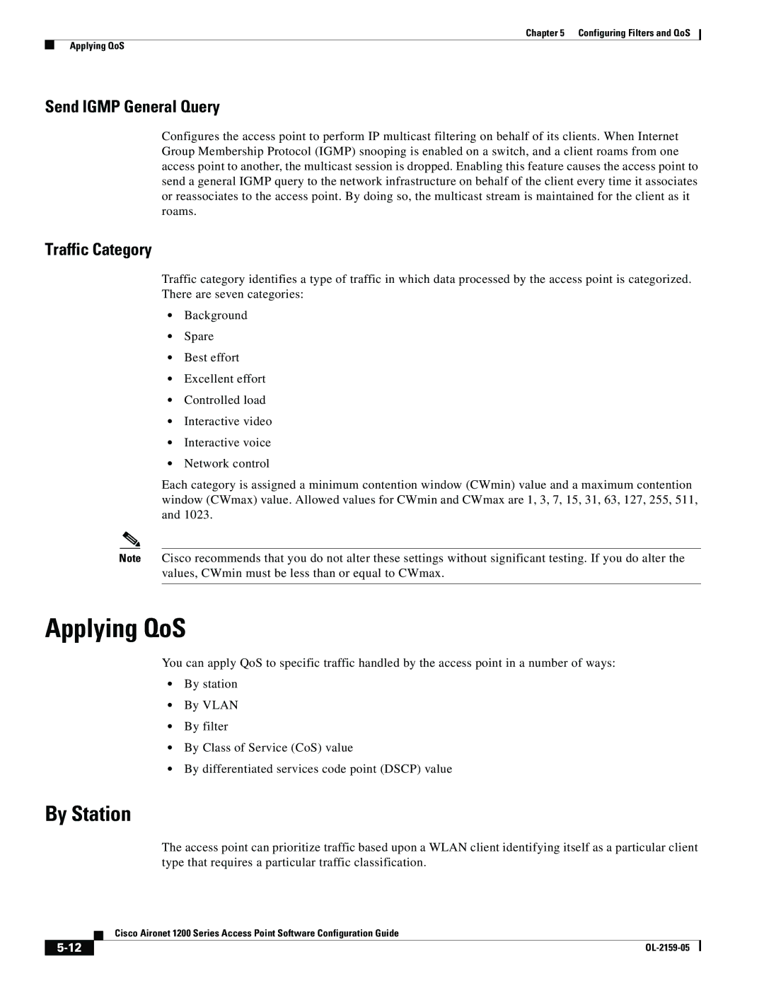 Cisco Systems DL-2159-05 manual Applying QoS, By Station, Send Igmp General Query, Traffic Category 