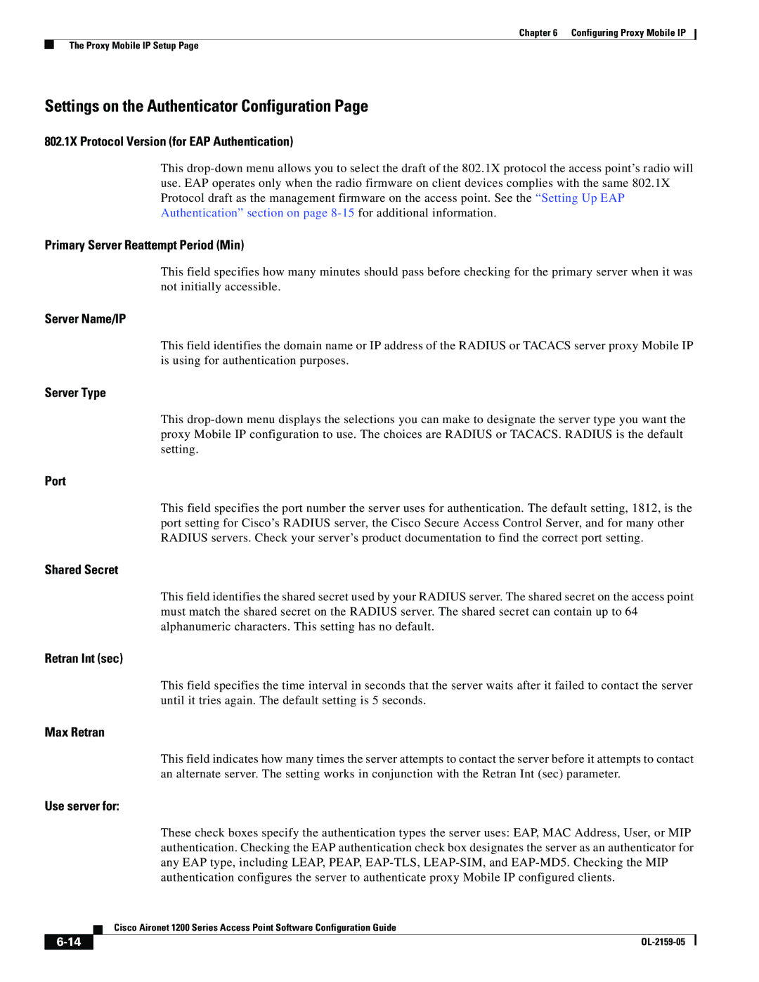 Cisco Systems DL-2159-05 manual Settings on the Authenticator Configuration 