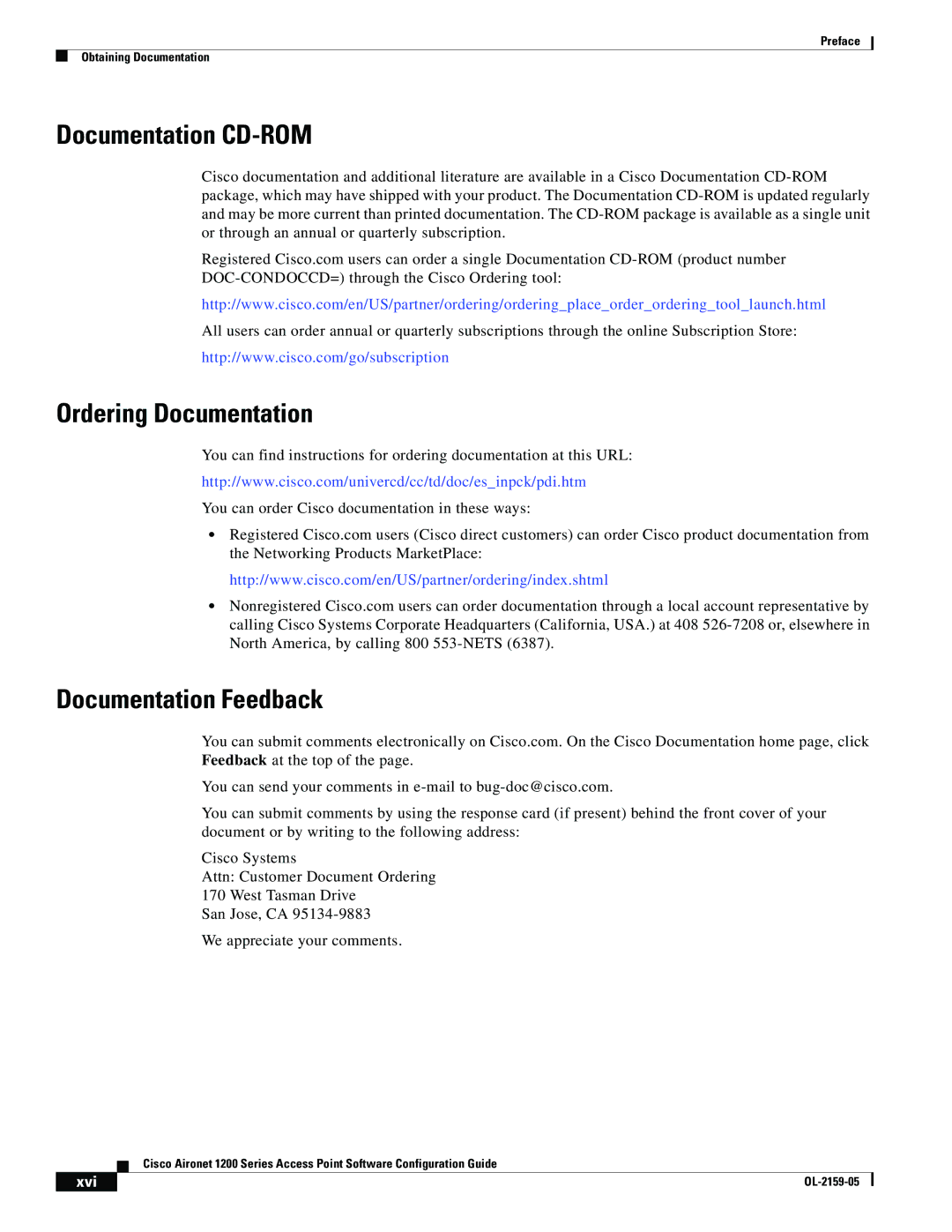 Cisco Systems DL-2159-05 manual Documentation CD-ROM, Ordering Documentation, Documentation Feedback, Xvi 