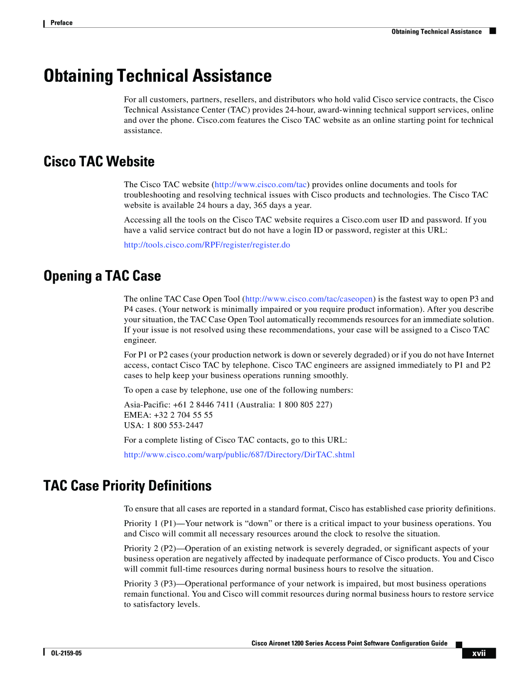 Cisco Systems DL-2159-05 manual Obtaining Technical Assistance, Cisco TAC Website Opening a TAC Case, Xvii 