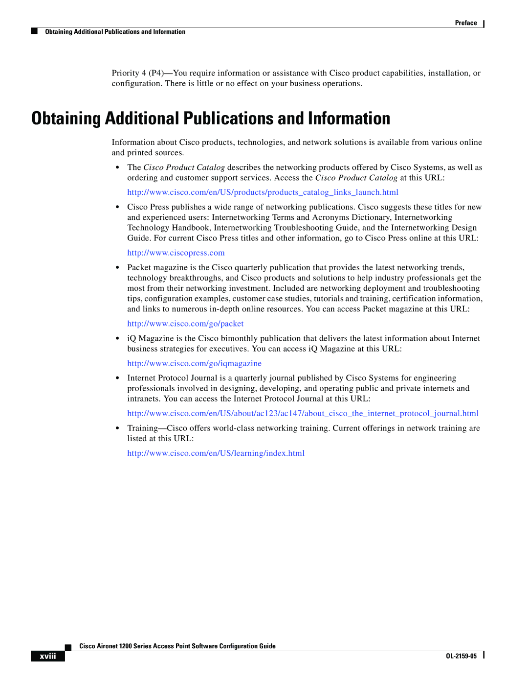 Cisco Systems DL-2159-05 manual Obtaining Additional Publications and Information, Xviii 