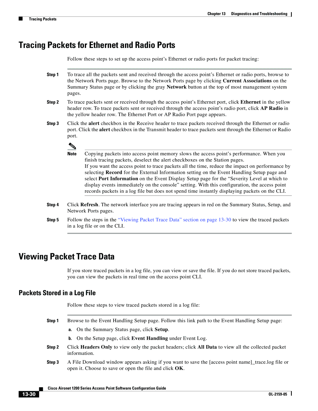 Cisco Systems DL-2159-05 manual Tracing Packets for Ethernet and Radio Ports, Viewing Packet Trace Data, 13-30 