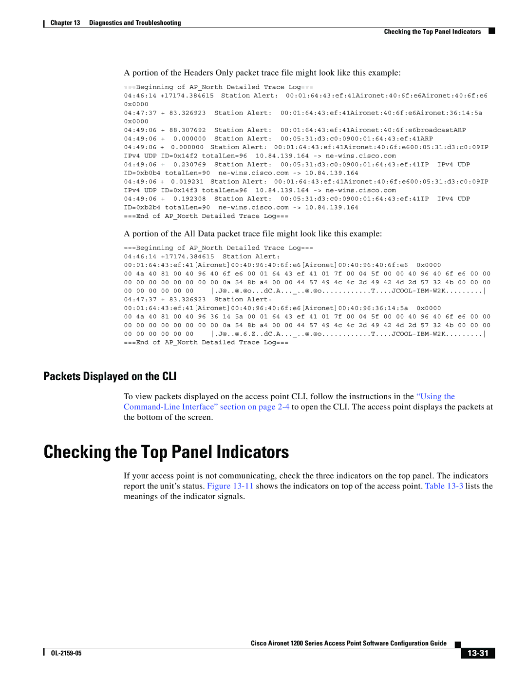 Cisco Systems DL-2159-05 manual Checking the Top Panel Indicators, Packets Displayed on the CLI, 13-31 