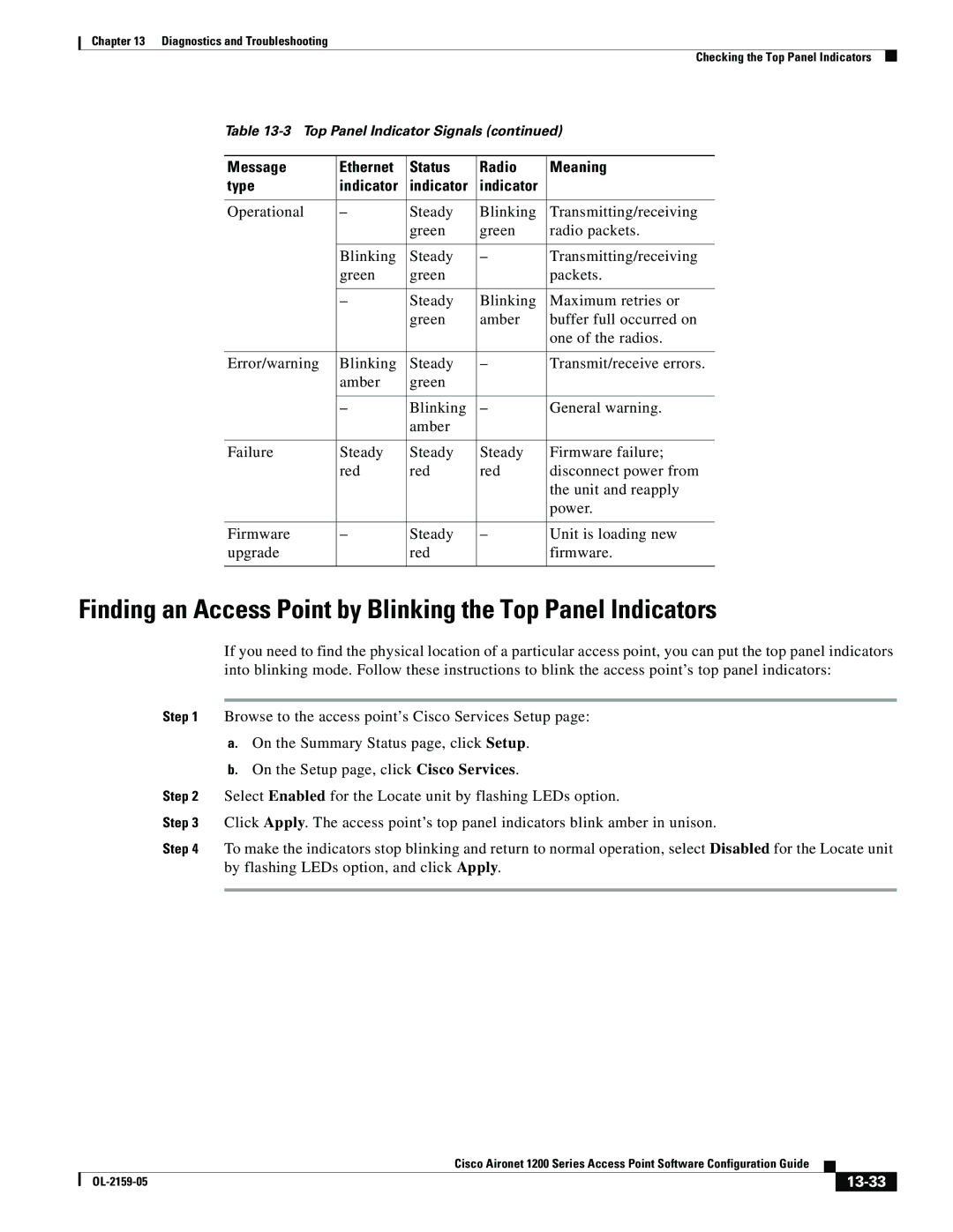 Cisco Systems DL-2159-05 manual Finding an Access Point by Blinking the Top Panel Indicators, 13-33 