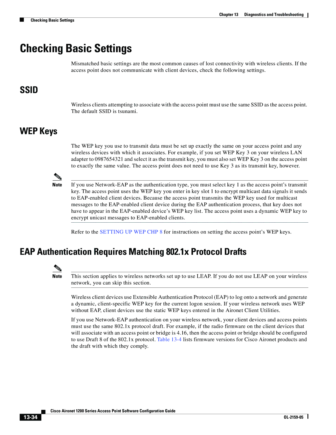 Cisco Systems DL-2159-05 Checking Basic Settings, WEP Keys, EAP Authentication Requires Matching 802.1x Protocol Drafts 