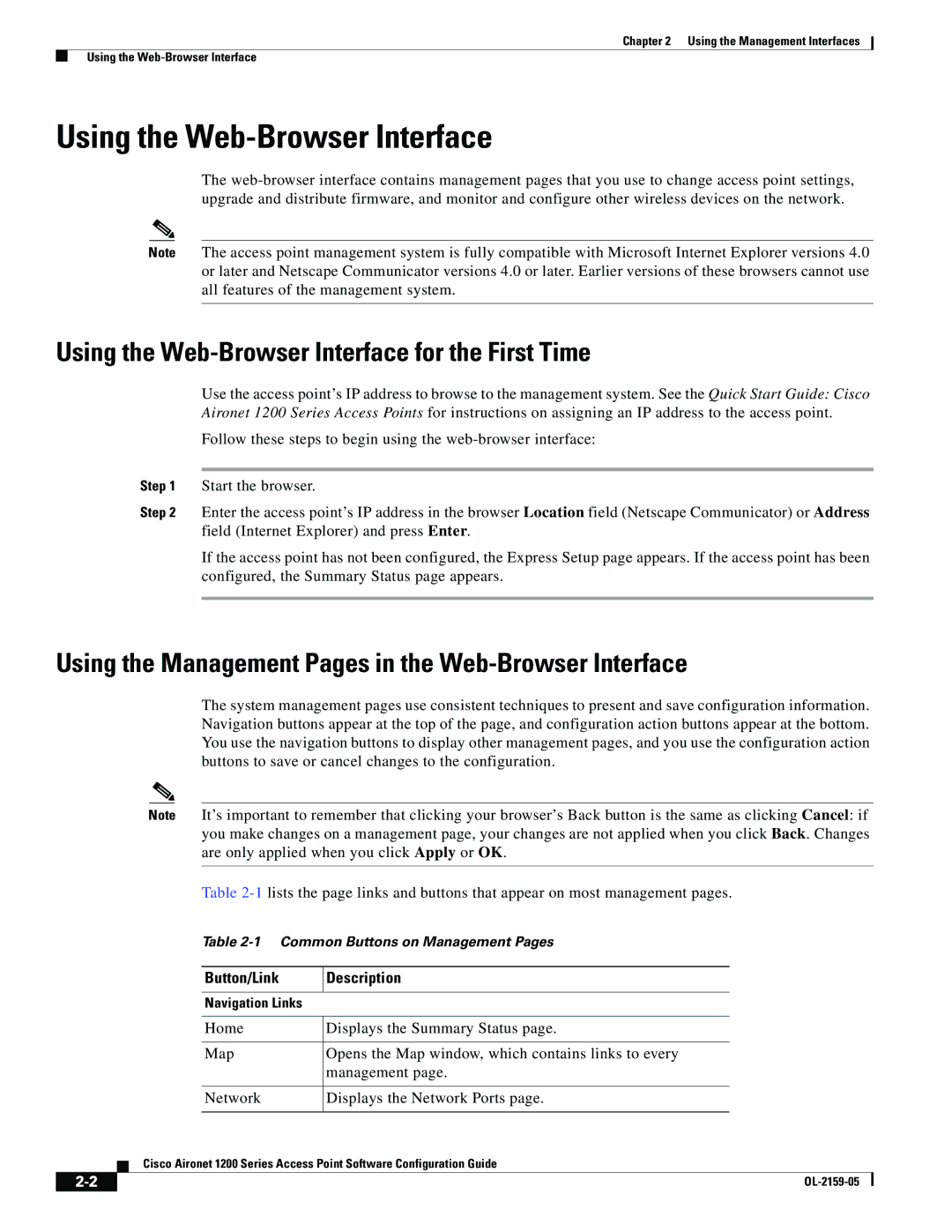 Cisco Systems DL-2159-05 manual Using the Web-Browser Interface for the First Time, Button/Link Description 