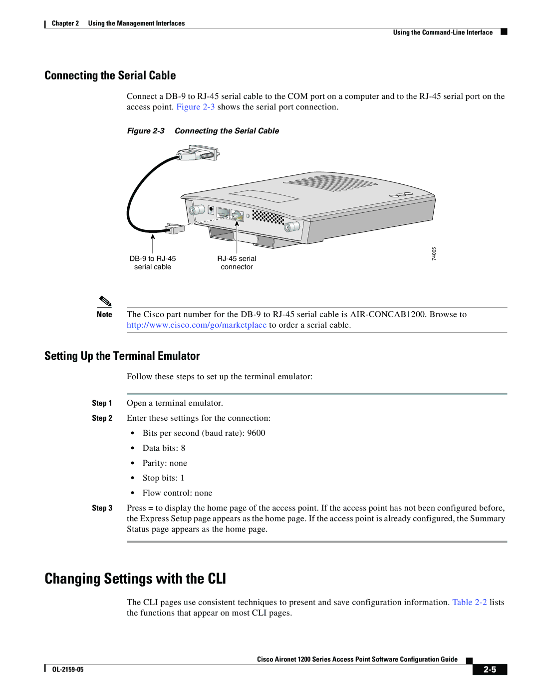 Cisco Systems DL-2159-05 Changing Settings with the CLI, Connecting the Serial Cable, Setting Up the Terminal Emulator 