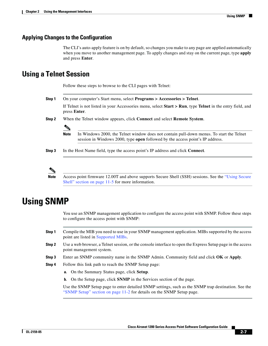 Cisco Systems DL-2159-05 manual Using Snmp, Using a Telnet Session, Applying Changes to the Configuration 