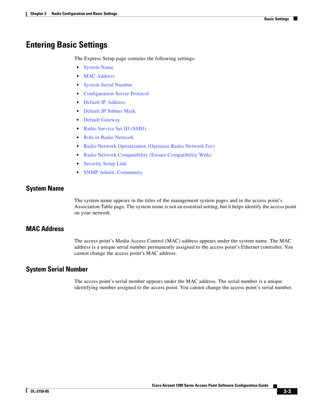 Cisco Systems DL-2159-05 manual Entering Basic Settings, System Name, MAC Address, System Serial Number 