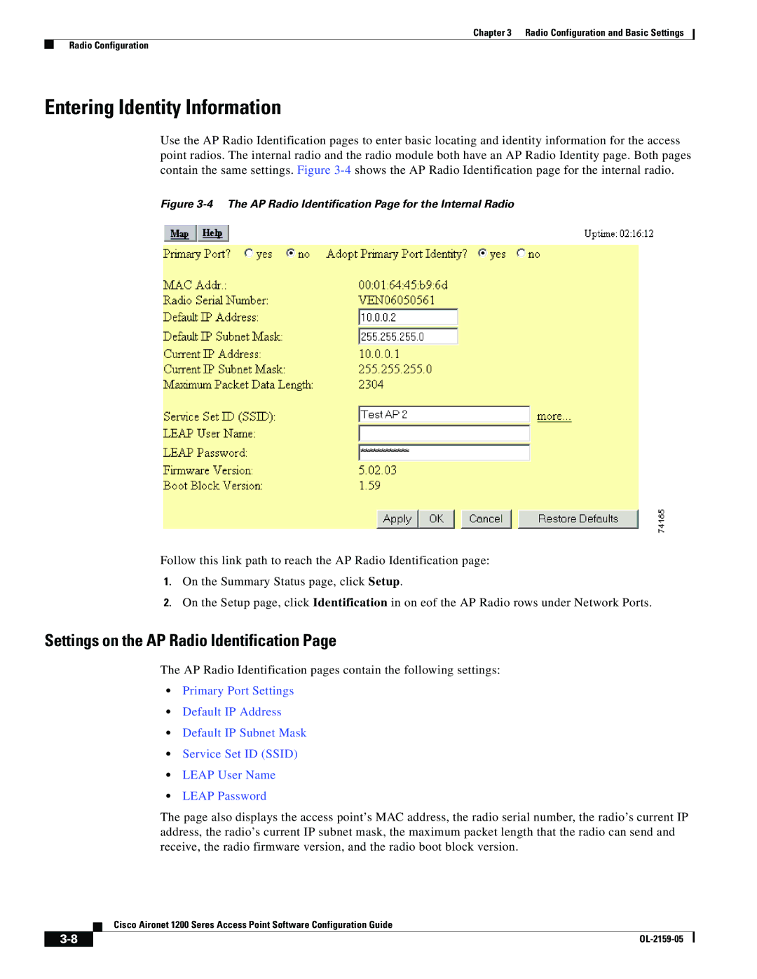 Cisco Systems DL-2159-05 manual Entering Identity Information, Settings on the AP Radio Identification 