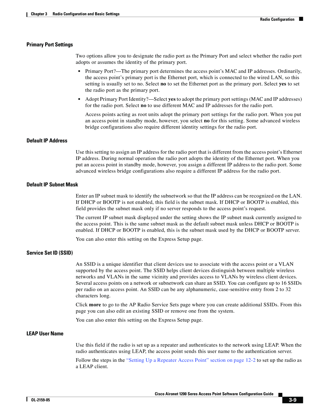 Cisco Systems DL-2159-05 manual Primary Port Settings, Default IP Address, Default IP Subnet Mask, Service Set ID Ssid 