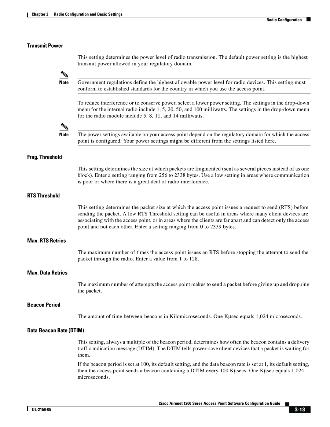 Cisco Systems DL-2159-05 manual Transmit Power, Frag. Threshold, RTS Threshold, Max. RTS Retries, Max. Data Retries 