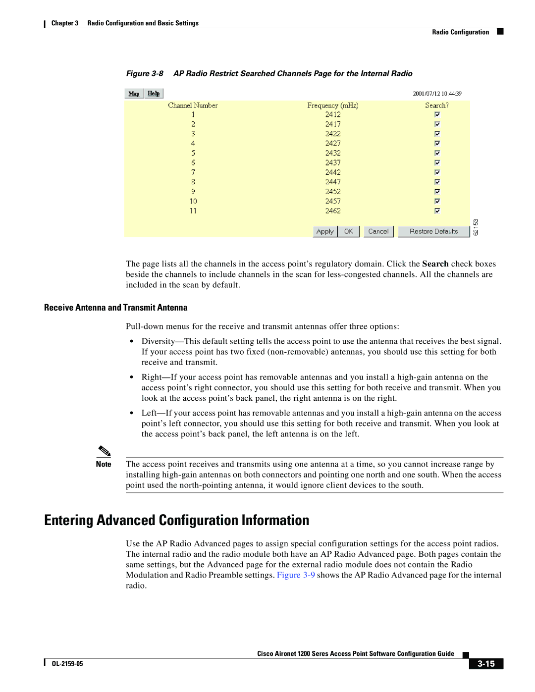 Cisco Systems DL-2159-05 manual Entering Advanced Configuration Information, Receive Antenna and Transmit Antenna 