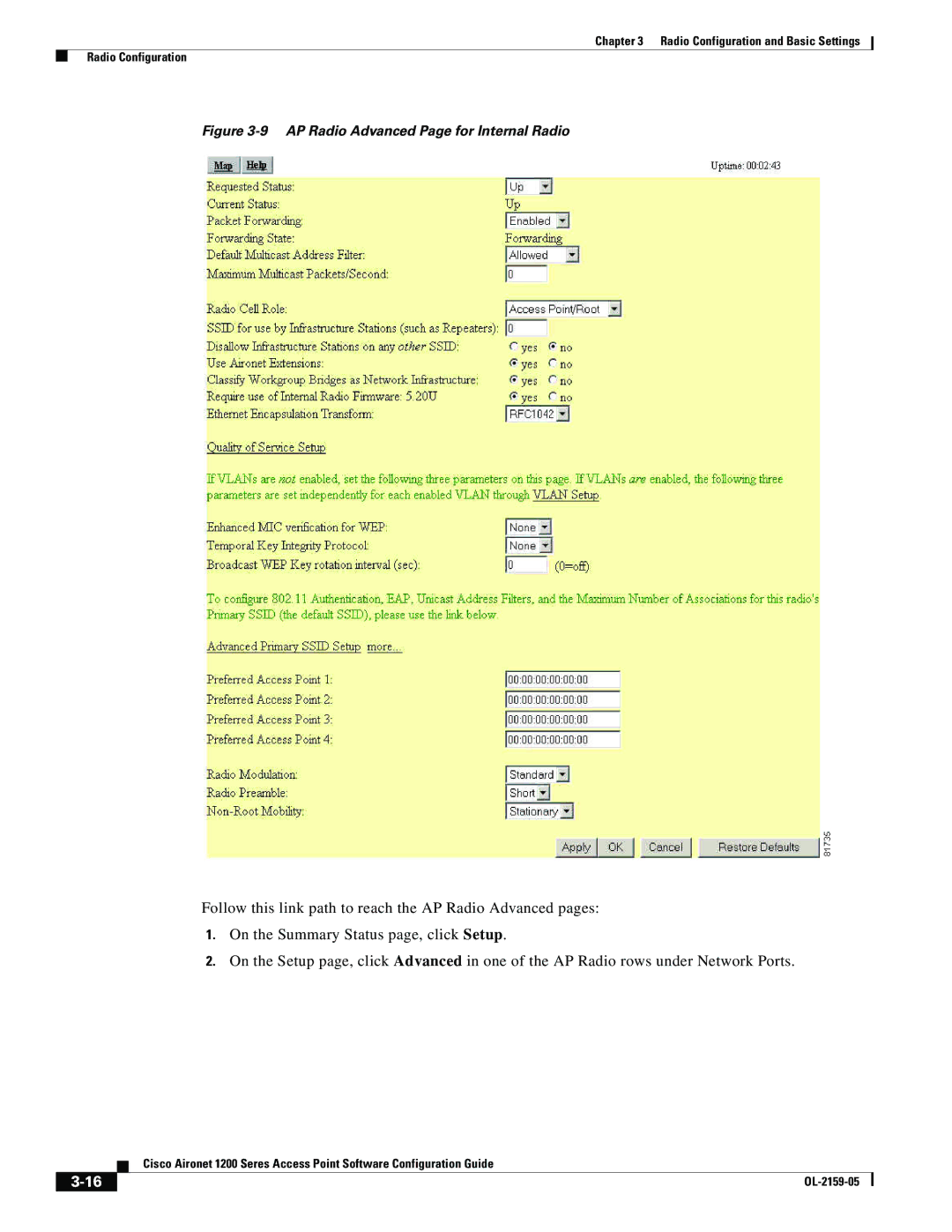 Cisco Systems DL-2159-05 manual AP Radio Advanced Page for Internal Radio 