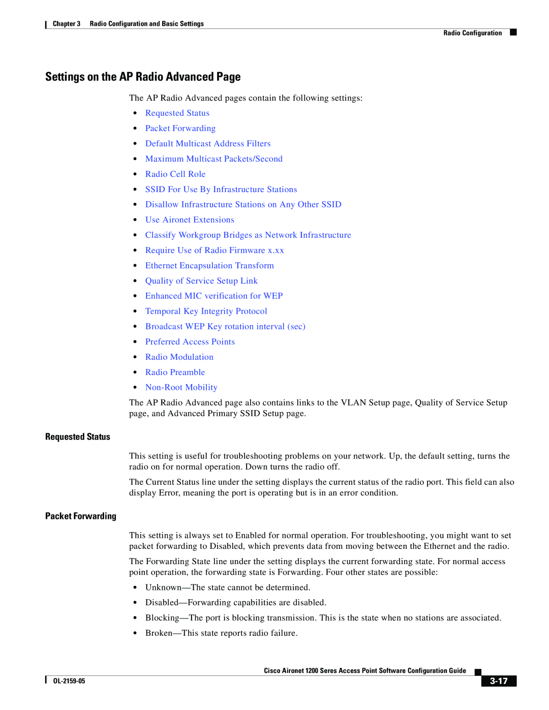 Cisco Systems DL-2159-05 manual Settings on the AP Radio Advanced, Requested Status, Packet Forwarding 