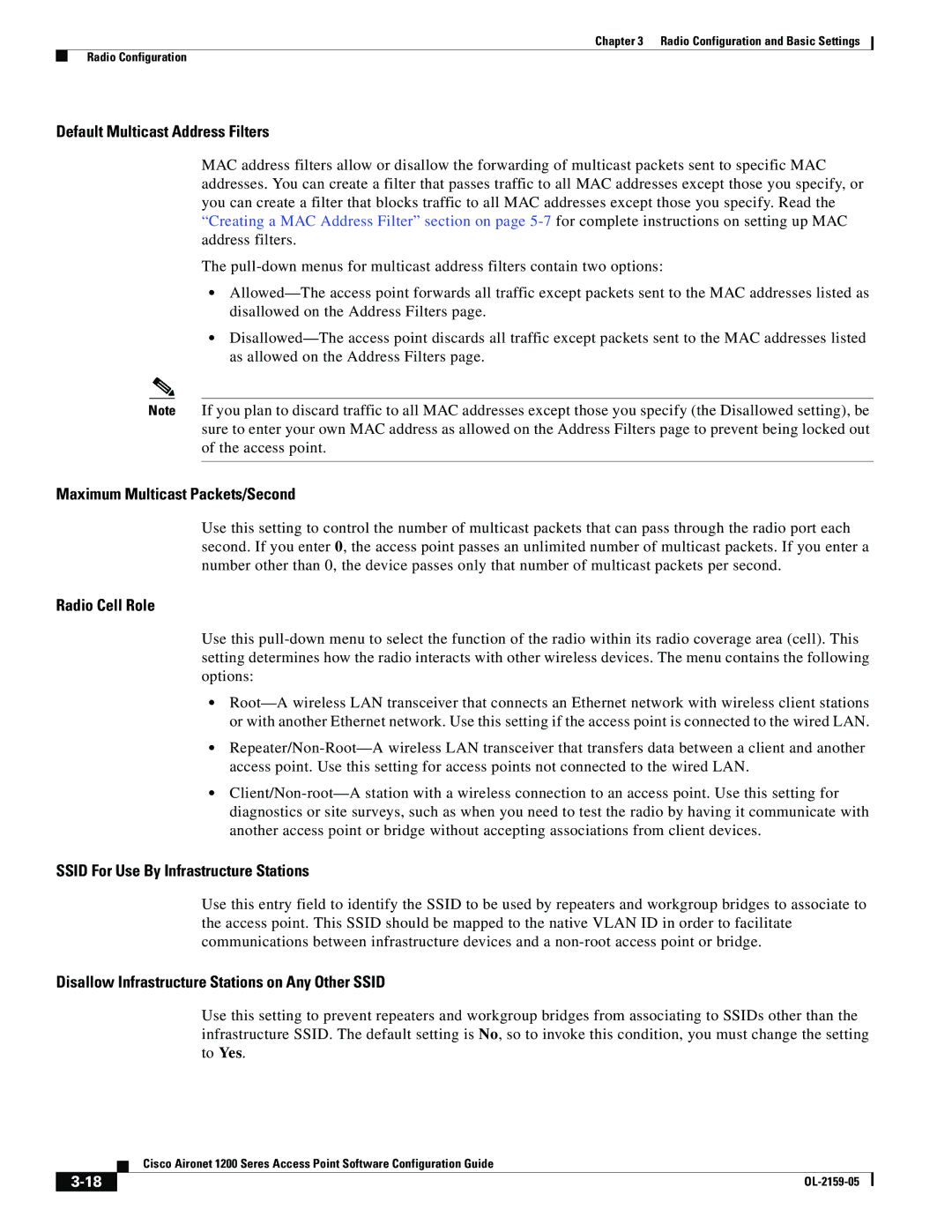 Cisco Systems DL-2159-05 manual Default Multicast Address Filters, Maximum Multicast Packets/Second, Radio Cell Role 