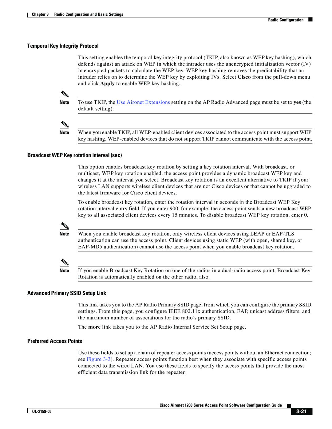 Cisco Systems DL-2159-05 Temporal Key Integrity Protocol, Broadcast WEP Key rotation interval sec, Preferred Access Points 