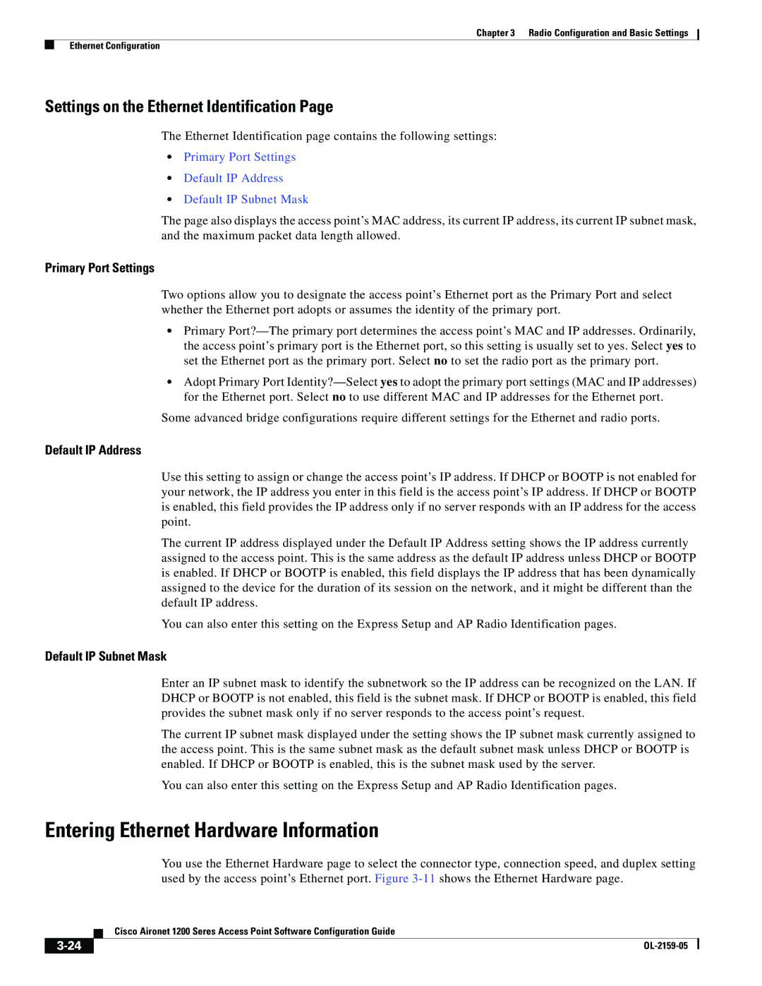 Cisco Systems DL-2159-05 manual Entering Ethernet Hardware Information, Settings on the Ethernet Identification 