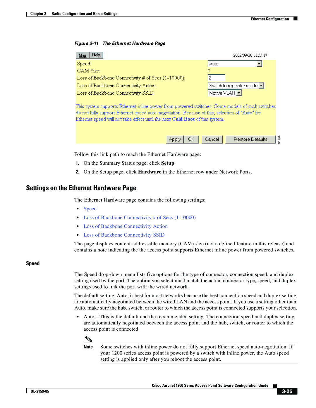 Cisco Systems DL-2159-05 Settings on the Ethernet Hardware, Speed, Ethernet Hardware page contains the following settings 